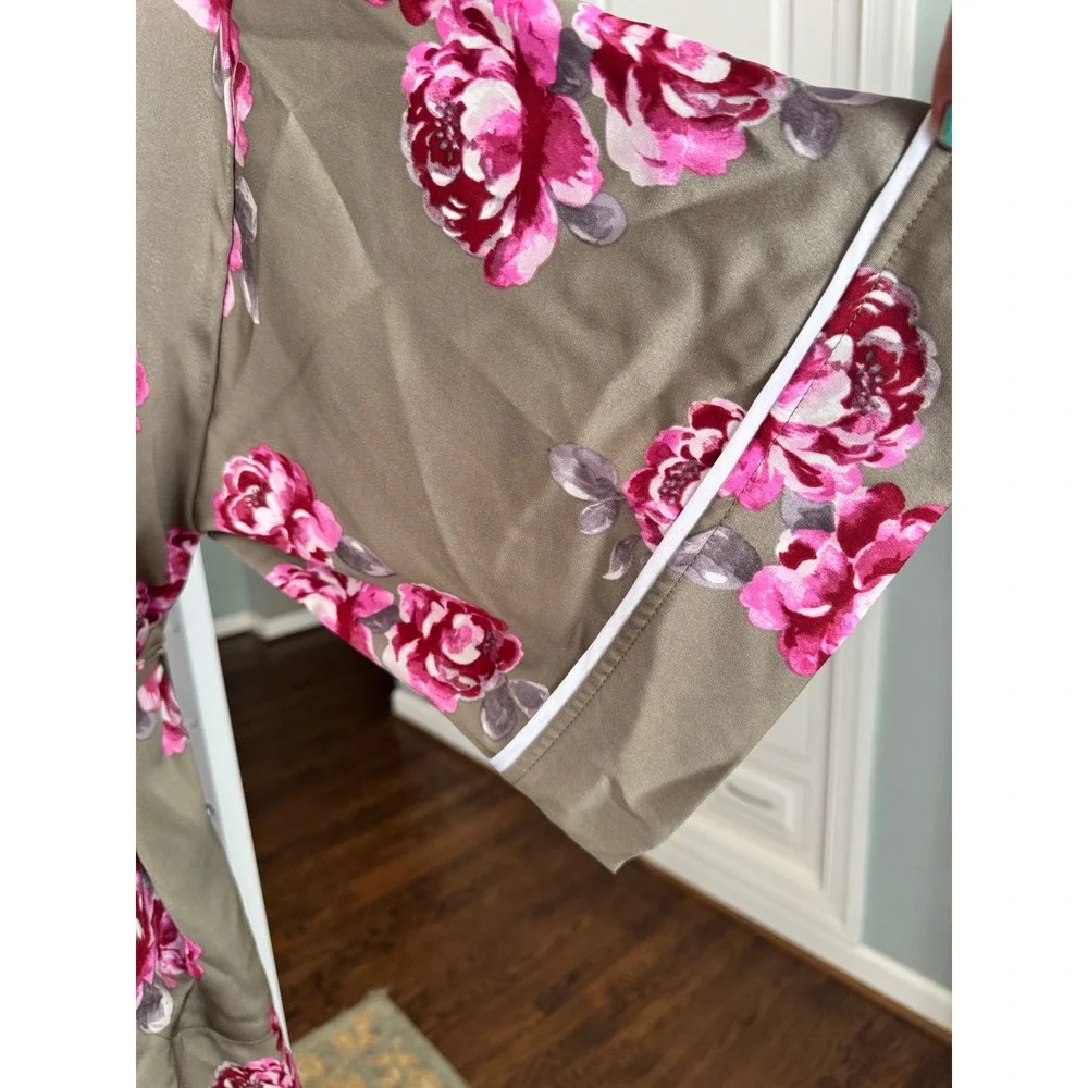 NWT Splendid Floral Satin Robe Long Pink Roses Taupe Olive Green NWT L XL